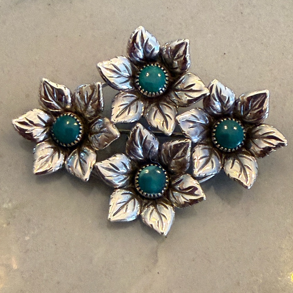 VTG Sterling Silver & Turquoise Flower Pin/Brooch